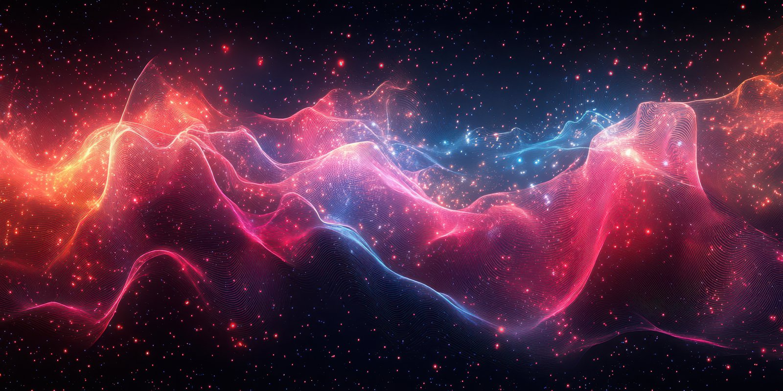 Vibrant cosmic waves create an ethereal scene in deep space glowing with animated colors